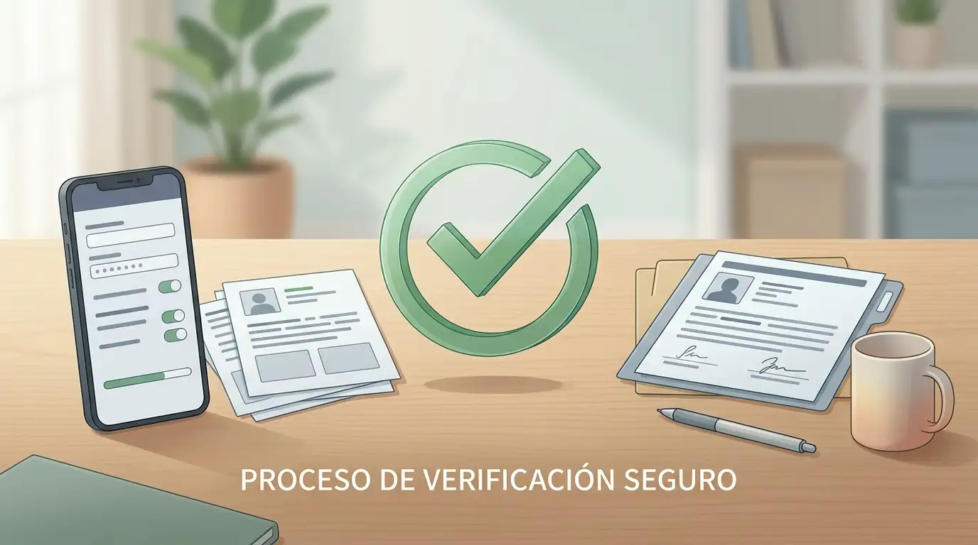 Ilustración editorial de un proceso de registro y verificación de identidad, sin interfaz ni logotipo real de Ozwin