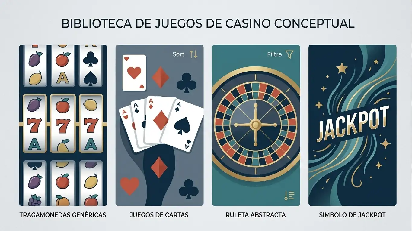 Ilustración editorial de una biblioteca de casino con rodillos, cartas, ruleta y símbolos de jackpot sin marcas reales