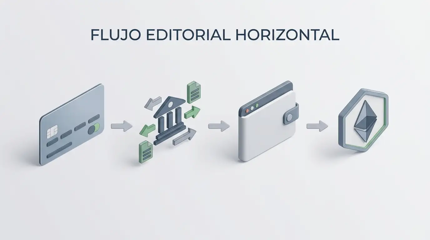 Ilustración editorial de tarjetas, transferencia bancaria, monedero digital y criptomoneda en un flujo de pagos