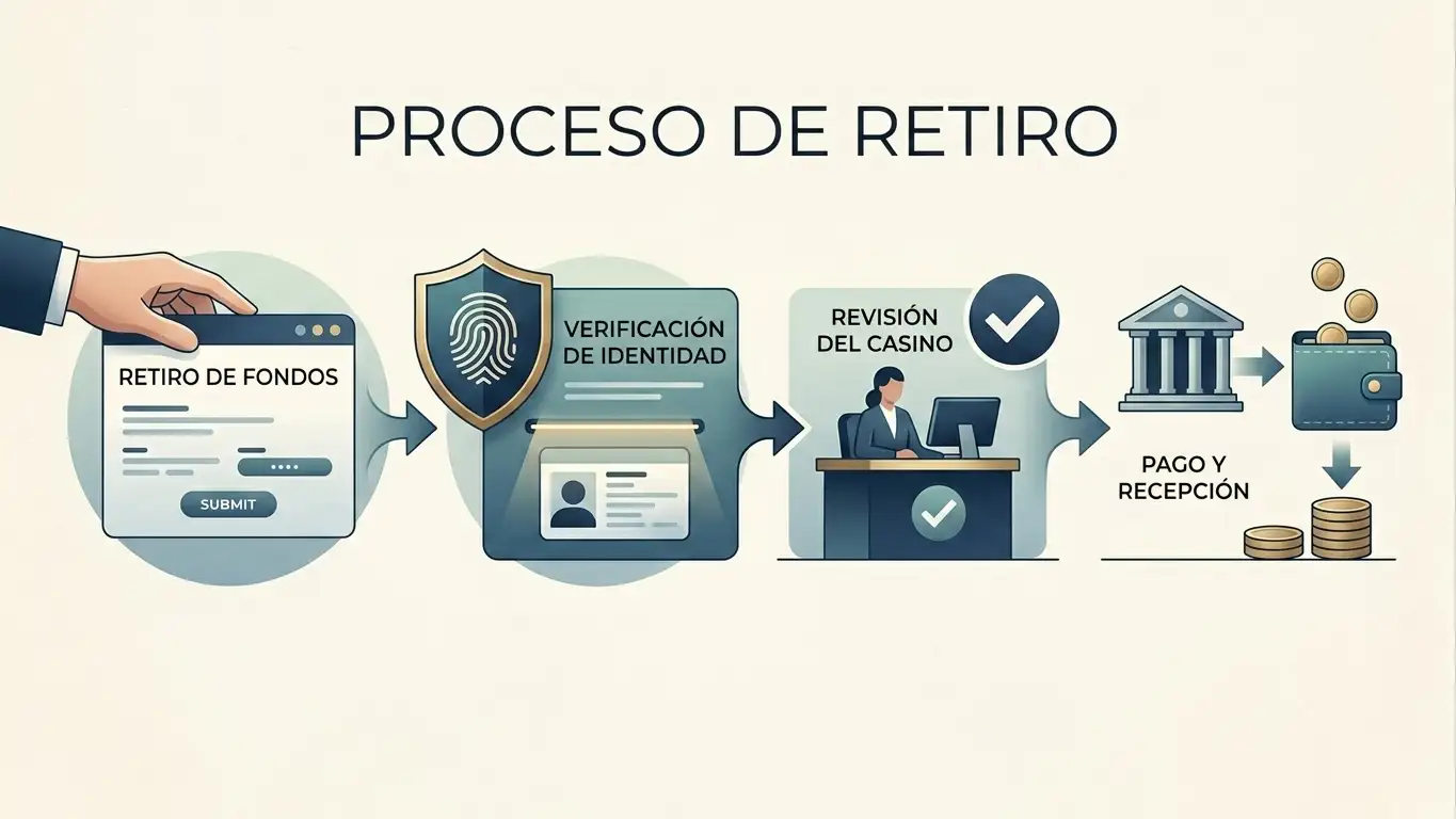 Ilustración editorial de un proceso de retirada con solicitud, verificación, revisión y pago