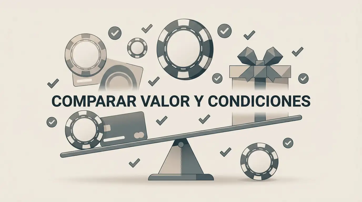 Ilustración editorial de una oferta de casino representada con fichas, tarjetas y símbolos abstractos